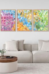 ARTZE Set of 3 Oak Framed Abstract Tropical Summer Fruits Wall Art in Bright Pink - Size: W33 cm x H45 cm x D20mm - thumbnail 1