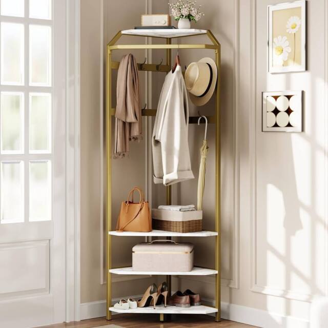 London Boutique Corner Hall Tree Coat Rack w/ Shoe Bench 3-Tier Shelves w/ 12 Hooks in White - image 1