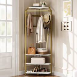 London Boutique Corner Hall Tree Coat Rack w/ Shoe Bench 3-Tier Shelves w/ 12 Hooks in White - thumbnail 1