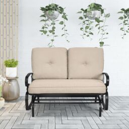 Gymax 2 Seats Outdoor Swing Glider Chair Patio Rocking Loveseat With Cushion in Beige - thumbnail 9