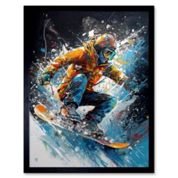 "Artery8 Wall Art Print Snowboarder Landing Snowboard Jump Splatter Paint Art Framed in Black - Size: W12"" x H16""" - thumbnail 1