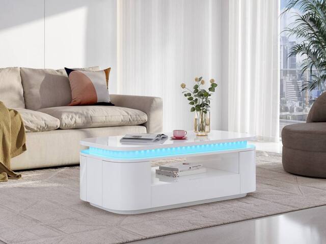 Vente-unique 4 - Door, 1 - Drawer Coffee Table With Leds In MDF - White Lacquer - image 1