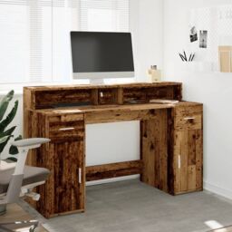 Berkfield Home Desk with LED Lights Old Wood 140x55x91 cm Engineered Wood in Brown - Size: 140 x 55 x 91 cm - thumbnail 4