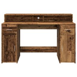 Berkfield Home Desk with LED Lights Old Wood 140x55x91 cm Engineered Wood in Brown - Size: 140 x 55 x 91 cm - thumbnail 6