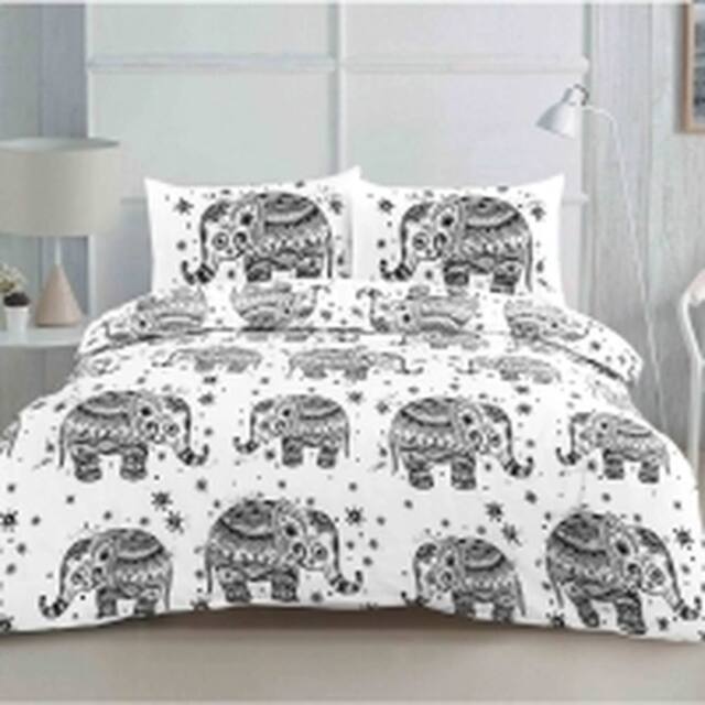 Homes-Linen Elephant Geometric Reversible Duvet Cover Set in White - Size: Double - image 1