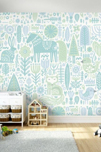 Origin Murals Scandi Forest Animals Wall Mural in Teal - Size: W300 cm x H240 cm - image 1