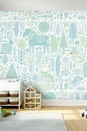 Origin Murals Scandi Forest Animals Wall Mural in Teal - Size: W300 cm x H240 cm