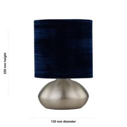 First Choice Lighting Jenson - Brushed Chrome Touch Table Lamp with Blue Velvet Shade in Silver - thumbnail 6
