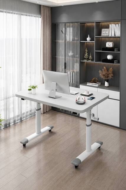 Living and Home 80 x 60cm Manual Height-Adjustable Computer Desk with Wheels in White - Size: 80 x 60 cm - image 1