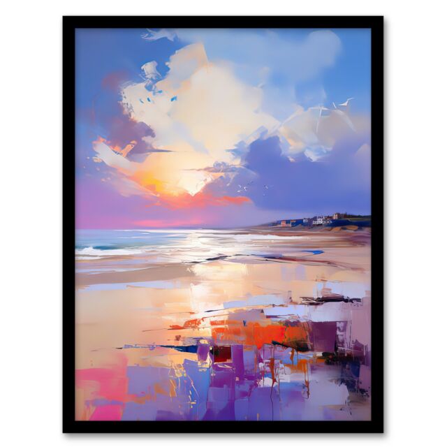Artery8 Wall Art Print Beach Sunrise Abstract Painting Serene Coastal Landscape Framed Art in Blue - Size: A4 - image 1