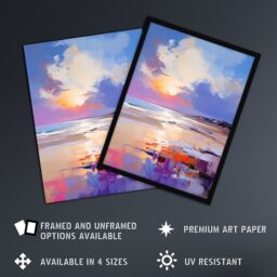 Artery8 Wall Art Print Beach Sunrise Abstract Painting Serene Coastal Landscape Framed Art in Blue - Size: A4 - thumbnail 2