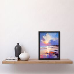 Artery8 Wall Art Print Beach Sunrise Abstract Painting Serene Coastal Landscape Framed Art in Blue - Size: A4 - thumbnail 4