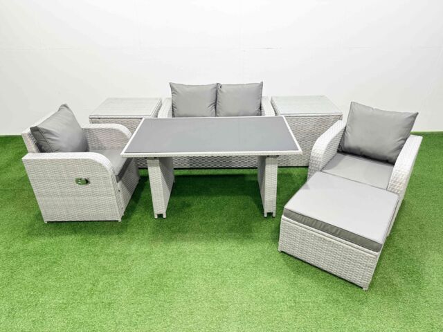 Fimous Outdoor Rattan Garden Furniture Dining Set 5-seater with 2 Side Table in Light Grey