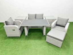 Fimous Outdoor Rattan Garden Furniture Dining Set 5-seater with 2 Side Table in Light Grey - thumbnail 2