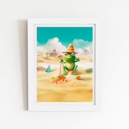"Warren Reed - Designer Happy Frog On A Beach Holiday Framed Art Print in White - Size: W24"" x H36""" - thumbnail 1