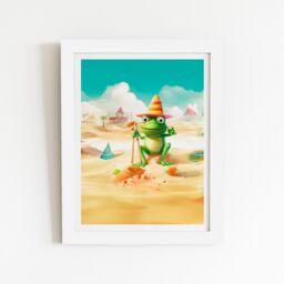 "Warren Reed - Designer Happy Frog On A Beach Holiday Framed Art Print in White - Size: W24"" x H36""" - thumbnail 2