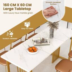 Gymax Dining Table For 6-8 People Rectangular Table Faux Marble Tabletop 160CM in White - thumbnail 4
