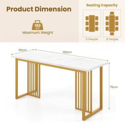 Gymax Dining Table For 6-8 People Rectangular Table Faux Marble Tabletop 160CM in White - thumbnail 3