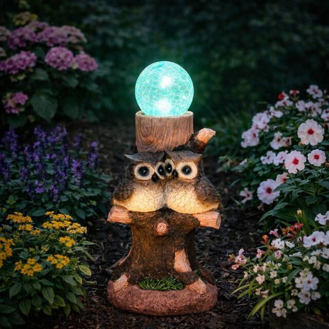 Gardenwize Solar Owl Crackle Ball Light with Colour Changing LED in Brown - image 1