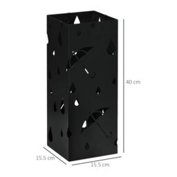 HOMCOM Metal Umbrella Stand, Square Umbrella Basket with 4 Hooks Drip Tray Black - thumbnail 3