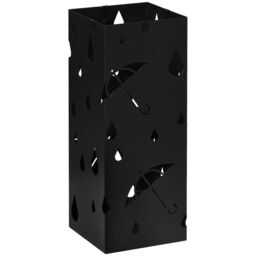HOMCOM Metal Umbrella Stand, Square Umbrella Basket with 4 Hooks Drip Tray Black - thumbnail 2