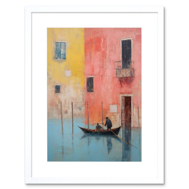 Artery8 Wall Art Print Venice Canal Gondola Ride Oil Painting Blue Pink Yellow Pastel Colour Rower Boat on River Artwork Framed 9X7 Inch - image 1