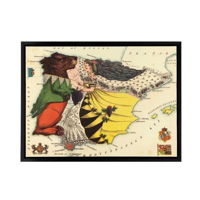 "Artery8 Lancaster 1869 Spain Portugal Pictorial Map Framed Canvas Wall Art Print - Size: W18"" x H24""" - image 1