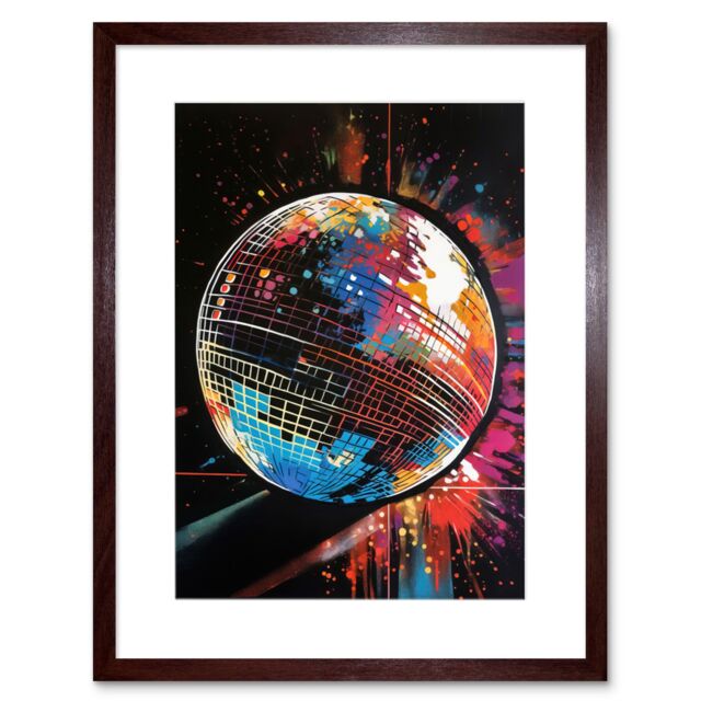 "Artery8 Wall Art Print Disco Ball Music Night Reflections Modern Spray Paint Painting Artwork Framed 9X7 Inch in Brown - Size: W7"" x H9""" - image 1