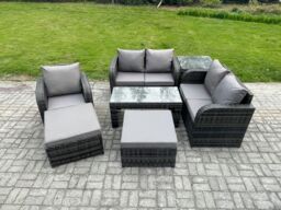 Fimous 7 Pcs Rattan Outdoor Garden Furniture Sofa Set Patio Table & Chairs Set with Side Table 2 Big Footstool Dark Grey Mixed - thumbnail 1