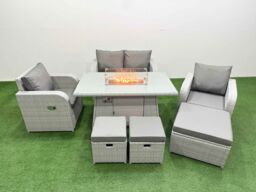 Fimous Light Grey PE Wicker Rattan Garden Furniture Set Sofa Set Reclining Chair Firepit Dining Table 7 Seater 3 Stools - thumbnail 1