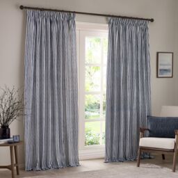 Yard Hebden Striped 100% Cotton Lined Pencil Pleat Curtain Pair in Blue - Size: 229 cm width x 137 cm drop - thumbnail 2