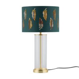First Choice Lighting Aura - Satin Brass Table Lamp with Green Fern Cut Out Silver Shade in Gold