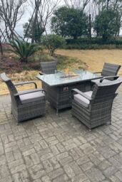 Fimous PE Rattan Gas Fire Pit Rectangle Dining Table Gas Heater Dining Tabe & Chair Set 4 Seater in Dark Grey - thumbnail 2