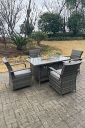 Fimous PE Rattan Gas Fire Pit Rectangle Dining Table Gas Heater Dining Tabe & Chair Set 4 Seater in Dark Grey