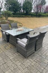 Fimous PE Rattan Gas Fire Pit Rectangle Dining Table Gas Heater Dining Tabe & Chair Set 4 Seater in Dark Grey - thumbnail 4
