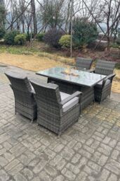 Fimous PE Rattan Gas Fire Pit Rectangle Dining Table Gas Heater Dining Tabe & Chair Set 4 Seater in Dark Grey - thumbnail 5