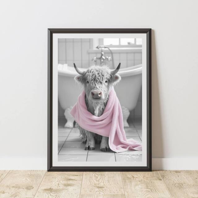 60 SECOND MAKEOVER Highland Cow Pink Towel Quirky Animal Print - Size: A4 - image 1