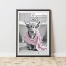 60 SECOND MAKEOVER Highland Cow Pink Towel Quirky Animal Print - Size: A4 - thumbnail 1