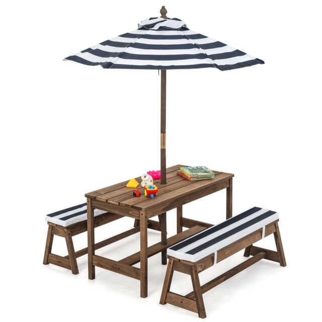 Costway 4 PCS Wooden Kids Picnic Table Bench Children Outdoor Activity Desk W/ Umbrella in Blue - image 1