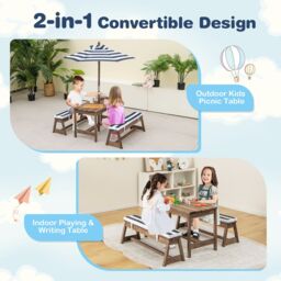 Costway 4 PCS Wooden Kids Picnic Table Bench Children Outdoor Activity Desk W/ Umbrella in Blue - thumbnail 3