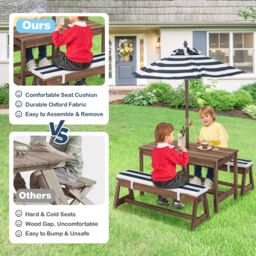 Costway 4 PCS Wooden Kids Picnic Table Bench Children Outdoor Activity Desk W/ Umbrella in Blue - thumbnail 4
