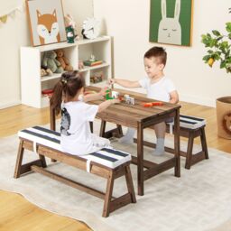 Costway 4 PCS Wooden Kids Picnic Table Bench Children Outdoor Activity Desk W/ Umbrella in Blue - thumbnail 5