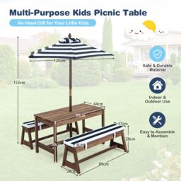 Costway 4 PCS Wooden Kids Picnic Table Bench Children Outdoor Activity Desk W/ Umbrella in Blue - thumbnail 2