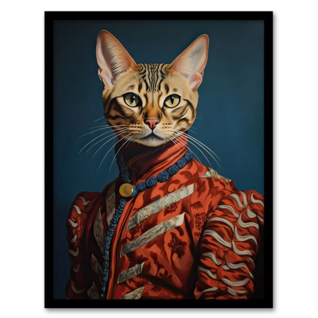 Artery8 Wall Art Print Bengal Aristocrat Oil Painting Orange Red Blue Cat Lover Pet Portrait Artwork Framed - Size: A4 - image 1