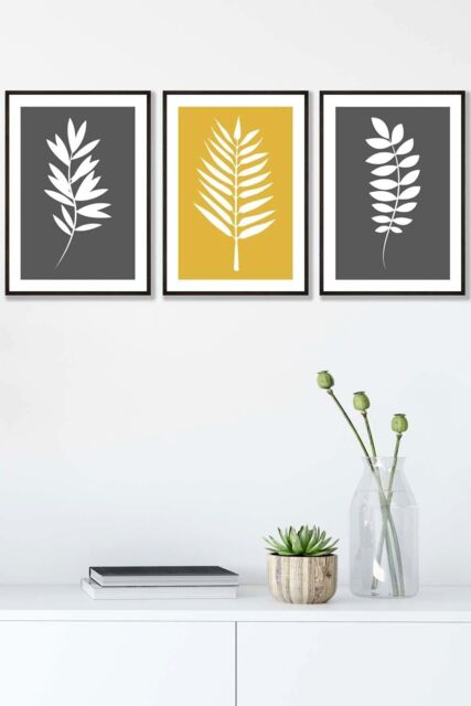ARTZE Grey Yellow Graphical Leaves Framed Wall Art - Medium in Black - Size: W45 cm x H62 cm x D20mm - image 1