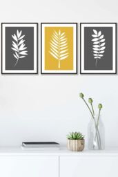 ARTZE Grey Yellow Graphical Leaves Framed Wall Art - Medium in Black - Size: W45 cm x H62 cm x D20mm - thumbnail 1
