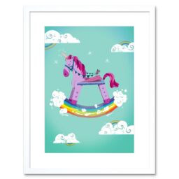 "Artery8 Wall Art Print Rocking Unicorn Rainbow Framed Art in White - Size: W7"" x H9""" - thumbnail 1