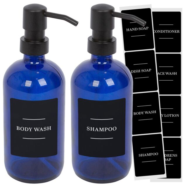 Harbour Housewares Glass Soap Dispensers with Labels - Pack of 2 in Blue - image 1