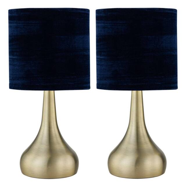 First Choice Lighting Set of 2 Romana - Antique Brass Touch Table Lamps Blue Velvet Shades in Bronze - image 1