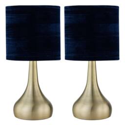 First Choice Lighting Set of 2 Romana - Antique Brass Touch Table Lamps Blue Velvet Shades in Bronze